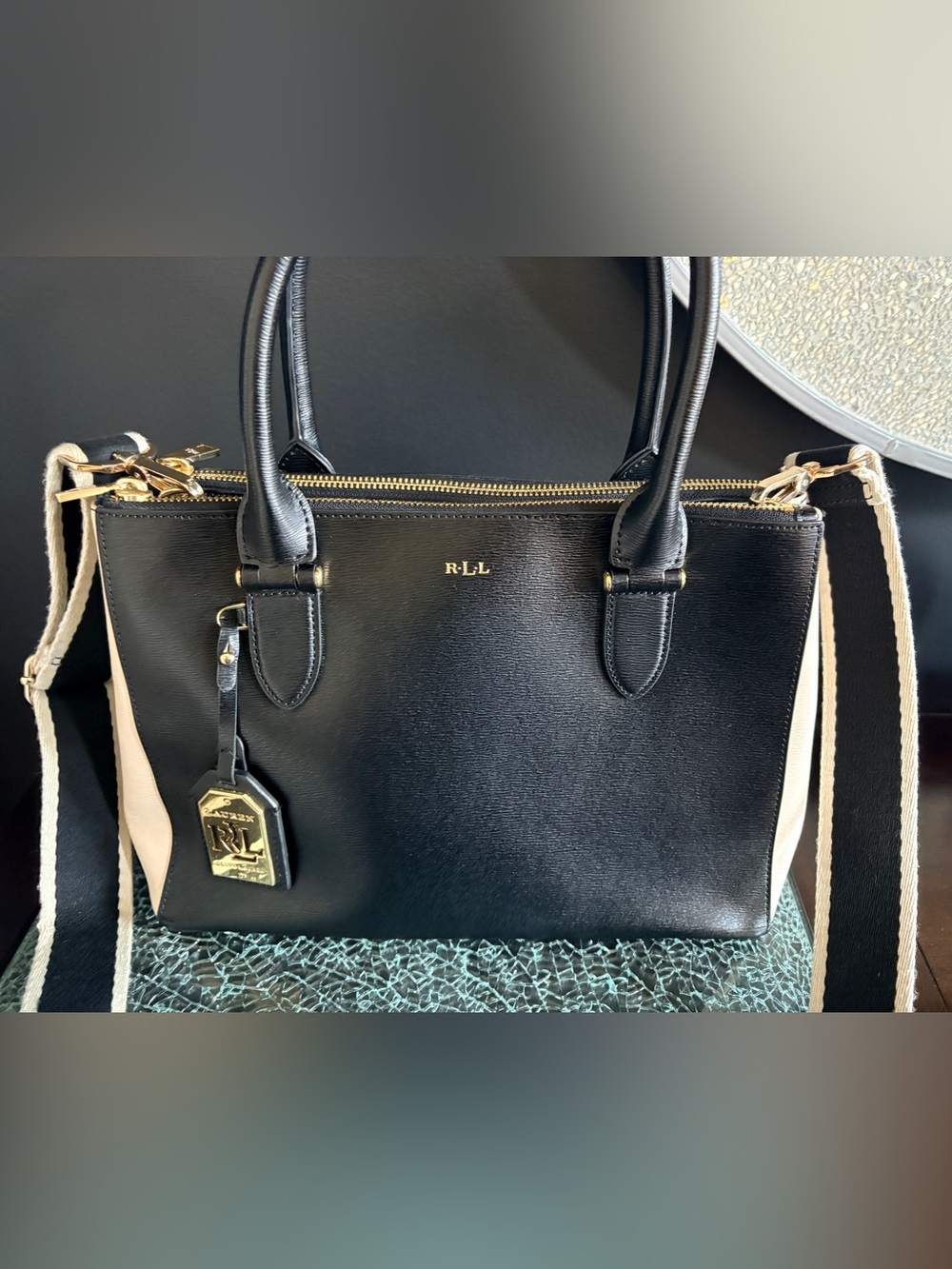 Lauren Ralph Lauren Newbury Satchel with Cream Side Panels and Gold Hardware